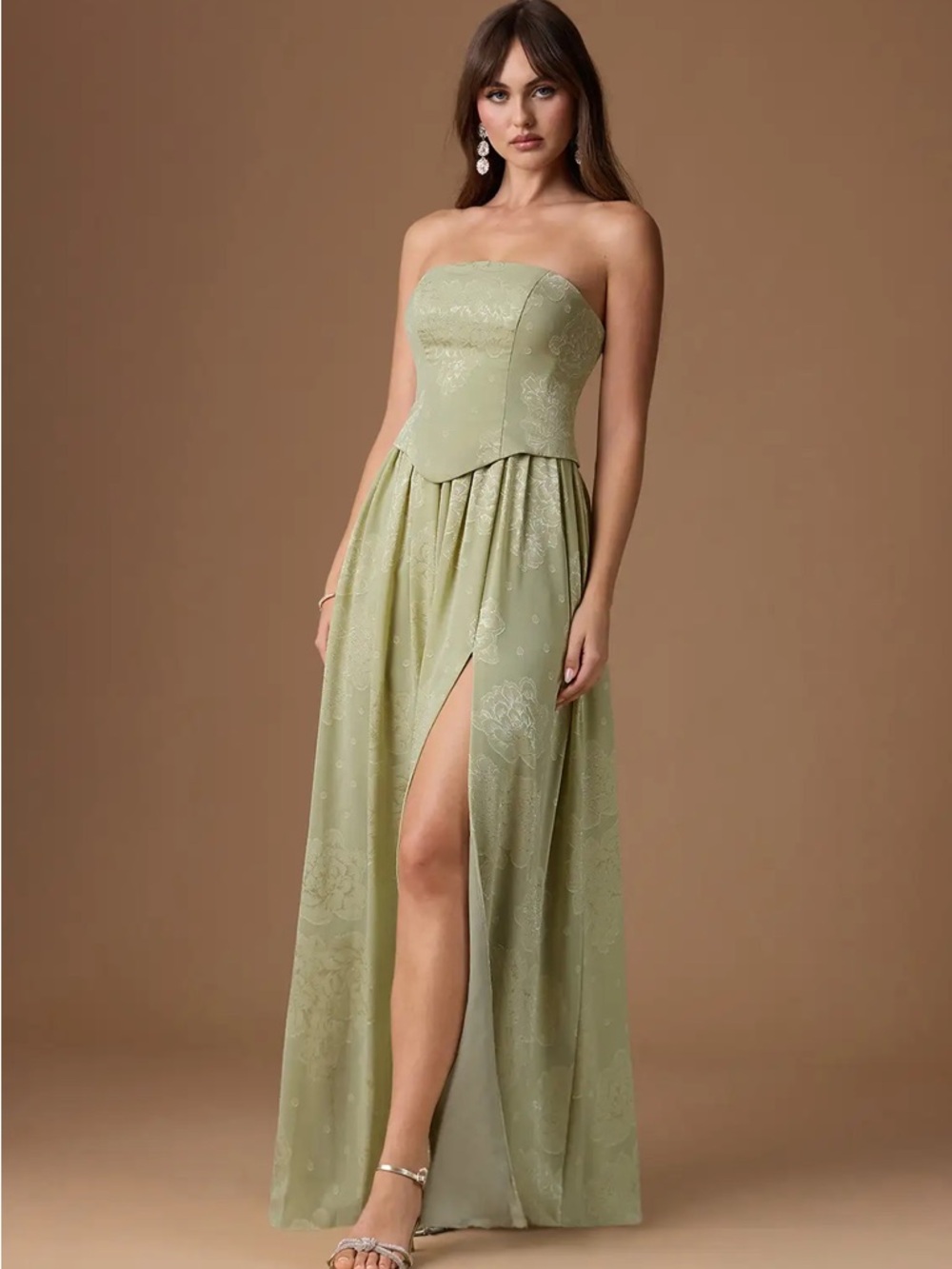 Azazie Strapless Floral Maxi Dress in Sage Green